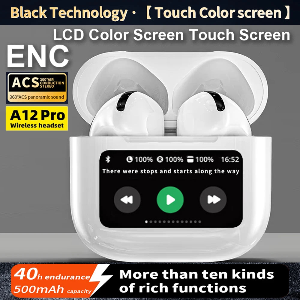 A12 Pro ENC Noise Cancellation Earphone TWS Wireless Earbuds with Touch Control LCD Screen Equalizer Super Bass Premium Sound